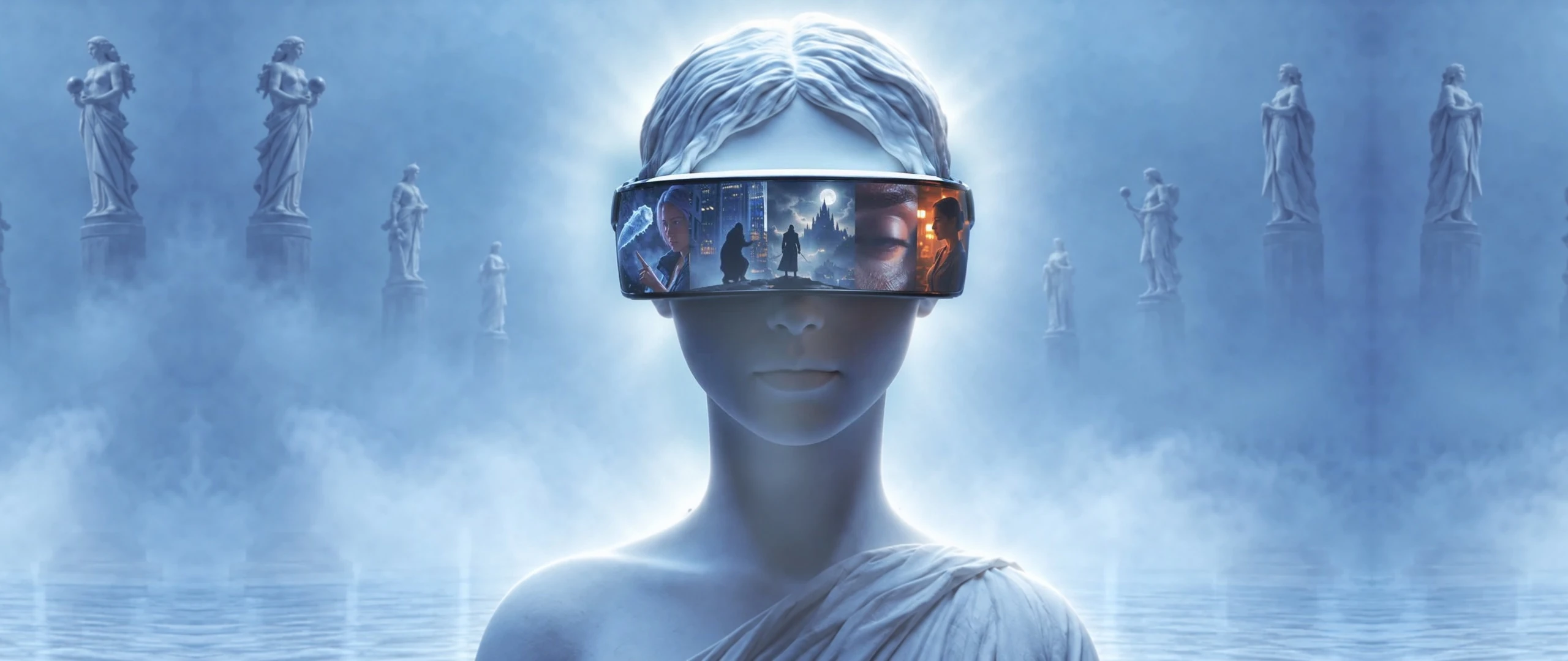 A sculptural figure wearing a visor filled with cinematic worlds
